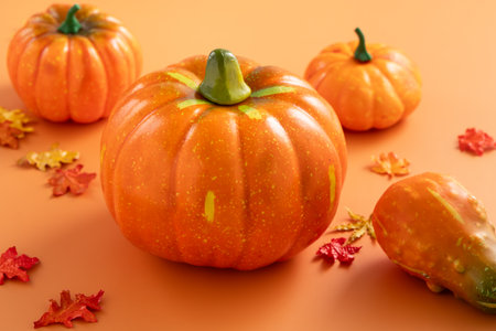 Pumpkin with maple leaf on orange table background for harvest and autumn Halloween, thanksgiving design concept.の写真素材