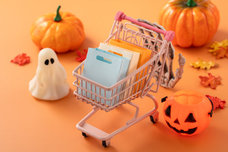 Halloween autumn shopping design concept with shopping cart, maple leaves and pumpkin on orange table background.の写真素材