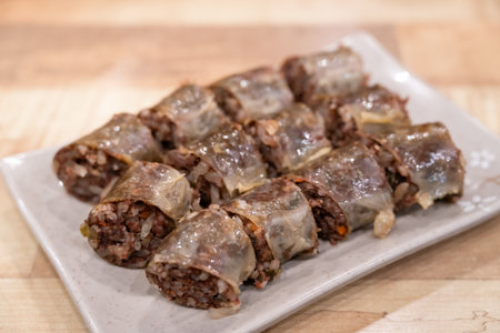 Delicious Korean cuisine Sundae plate, blood sausage made by steaming intestines stuffed with glass...