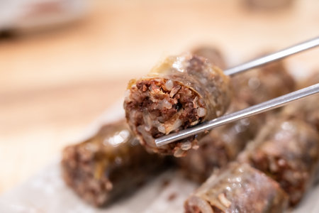 Delicious Korean cuisine Sundae plate, blood sausage made by steaming intestines stuffed with glass...