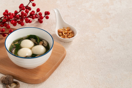 Eating big tangyuan yuanxiao, tang yuan, glutinous rice dumpling balls, with savory vegetable soup in a bowl for Winter solstice festival.の写真素材