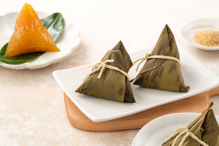 Golden alkaline zongzi rice dumpling served on a leaf, a classic treat for the Dragon Boat Festival.の写真素材