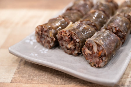 Delicious Korean cuisine Sundae plate, blood sausage made by steaming intestines stuffed with glass...