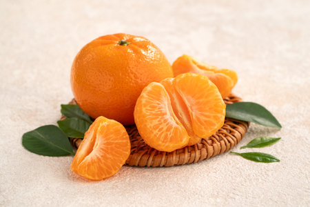 Fresh small tangerine mandarin orange in a plate on white table background.の写真素材