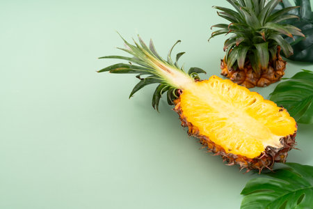 Juicy pineapple chunks arranged in a halved pineapple bowl with tropical leaves in the background.の写真素材