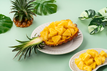 Juicy pineapple chunks arranged in a halved pineapple bowl with tropical leaves in the background.の写真素材