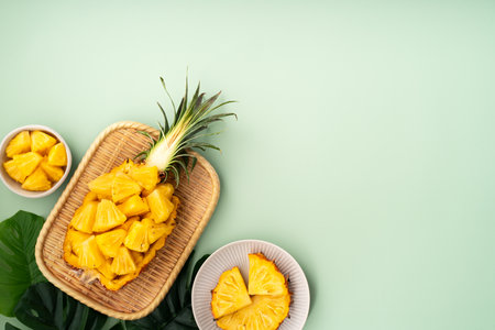 Juicy pineapple chunks arranged in a halved pineapple bowl with tropical leaves in the background.の写真素材