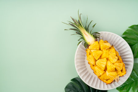 Juicy pineapple chunks arranged in a halved pineapple bowl with tropical leaves in the background.の写真素材