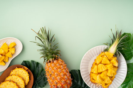 Juicy pineapple chunks arranged in a halved pineapple bowl with tropical leaves in the background.の写真素材