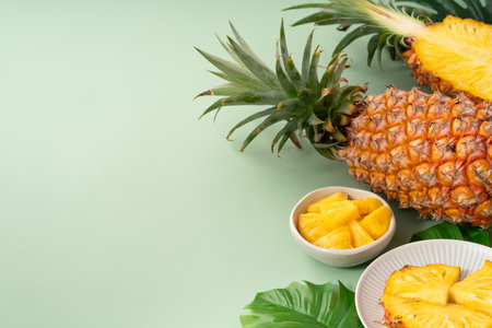 Juicy pineapple chunks arranged in a halved pineapple bowl with tropical leaves in the background.の写真素材