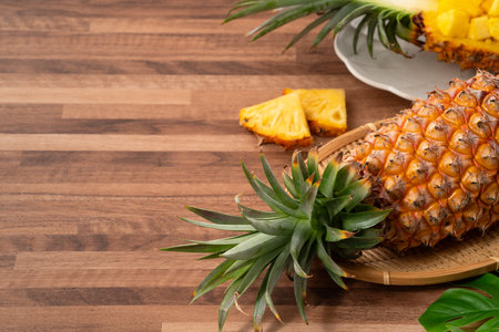 Juicy pineapple chunks arranged in a halved pineapple bowl with tropical leaves in the background.の写真素材