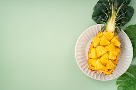 Juicy pineapple chunks arranged in a halved pineapple bowl with tropical leaves in the background.の写真素材