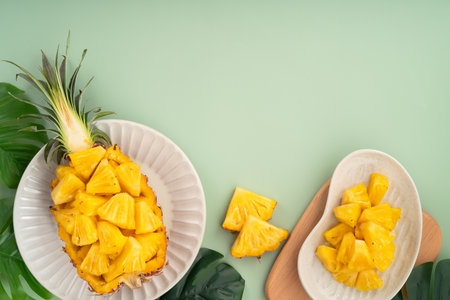 Juicy pineapple chunks arranged in a halved pineapple bowl with tropical leaves in the background.の写真素材