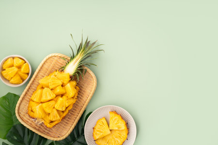 Juicy pineapple chunks arranged in a halved pineapple bowl with tropical leaves in the background.の写真素材