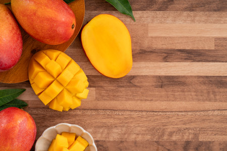 Juicy yellow mango cubes with whole mangoes on a wooden table backgroundの写真素材