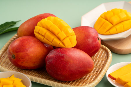 Juicy yellow mango cubes with whole mangoes on a green table background.の写真素材