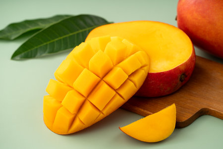 Juicy yellow mango cubes with whole mangoes on a green table background.の写真素材
