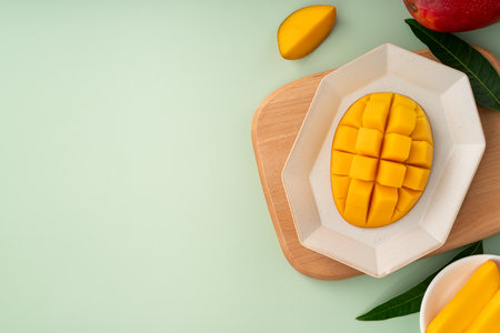 Juicy yellow mango cubes with whole mangoes on a green table backgroundの写真素材
