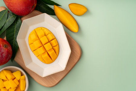 Juicy yellow mango cubes with whole mangoes on a green table backgroundの写真素材