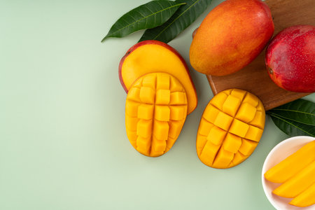 Juicy yellow mango cubes with whole mangoes on a green table backgroundの写真素材