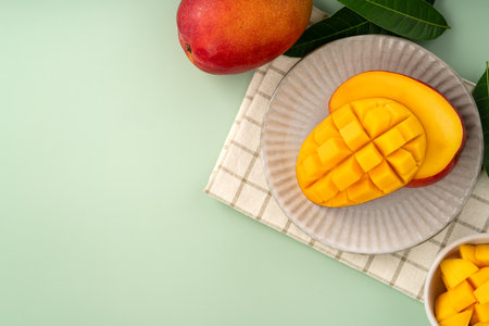 Juicy yellow mango cubes with whole mangoes on a green table backgroundの写真素材