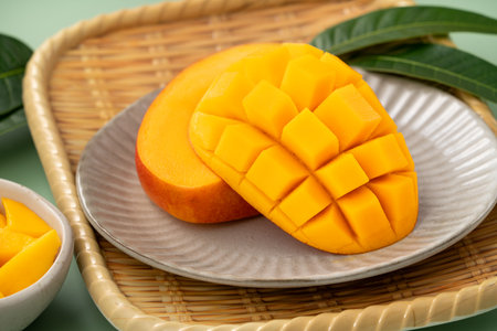 Juicy yellow mango cubes with whole mangoes on a green table background.