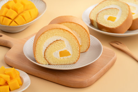 Delicious mango cream Swiss roll cake served on a plate with fresh mango cubes.の写真素材