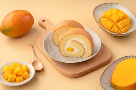 Delicious mango cream Swiss roll cake served on a plate with fresh mango cubes.の写真素材