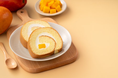 Delicious mango cream Swiss roll cake served on a plate with fresh mango cubes.の写真素材