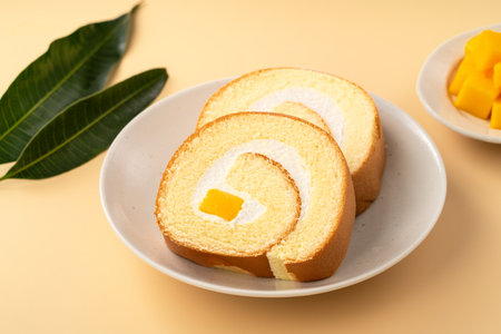 Delicious mango cream Swiss roll cake served on a plate with fresh mango cubes.の写真素材