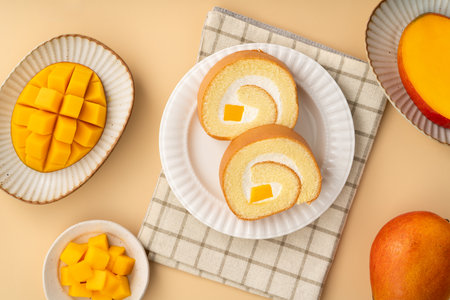 Delicious mango cream Swiss roll cake served on a plate with fresh mango cubes.の写真素材