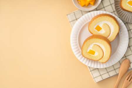 Delicious mango cream Swiss roll cake served on a plate with fresh mango cubes.の写真素材