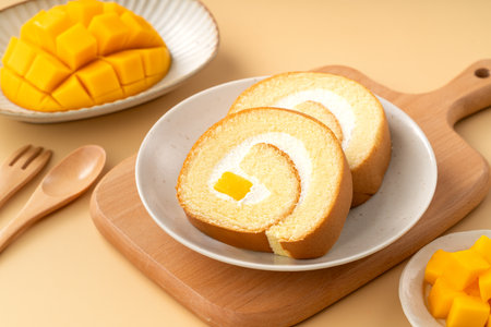Delicious mango cream Swiss roll cake served on a plate with fresh mango cubes.の写真素材