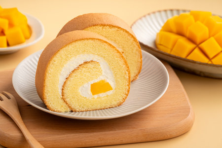 Delicious mango cream Swiss roll cake served on a plate with fresh mango cubes.の写真素材