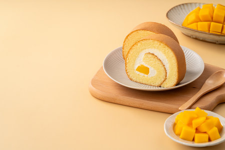 Delicious mango cream Swiss roll cake served on a plate with fresh mango cubes.の写真素材
