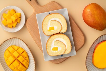 Delicious mango cream Swiss roll cake served on a plate with fresh mango cubes.の写真素材
