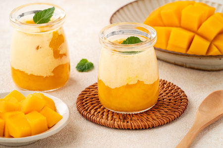 Refreshing mango mousse dessert served in glass cups, topped with mint leaves, perfect for summer.の写真素材