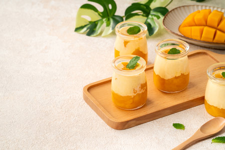 Refreshing mango mousse dessert served in glass cups, topped with mint leaves, perfect for summer.の写真素材