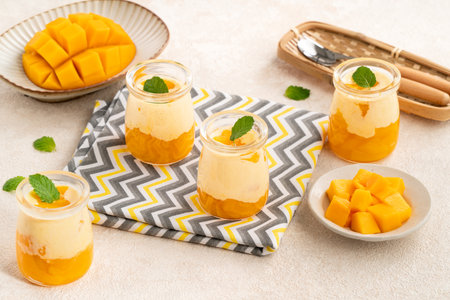 Refreshing mango mousse dessert served in glass cups, topped with mint leaves, perfect for summer.の写真素材