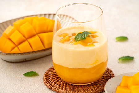 Refreshing mango mousse dessert served in glass cups, topped with mint leaves, perfect for summer.の写真素材