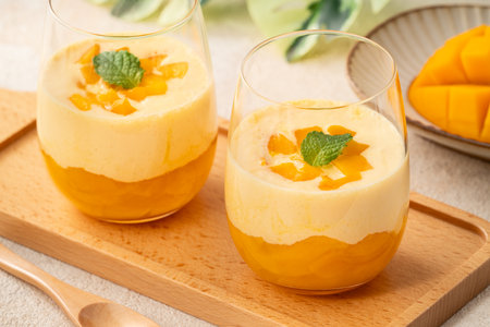 Refreshing mango mousse dessert served in glass cups, topped with mint leaves, perfect for summer.の写真素材