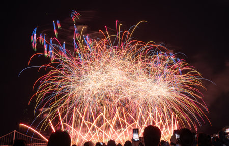 Brilliant fireworks burst above a crowd during a dazzling nighttime celebration near a bridge in busan korea.の写真素材