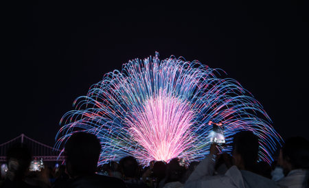 Brilliant fireworks burst above a crowd during a dazzling nighttime celebration near a bridge in busan korea.の写真素材