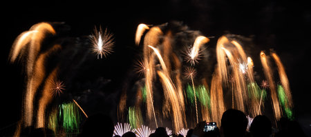Brilliant fireworks burst above a crowd during a dazzling nighttime celebration near a bridge in...