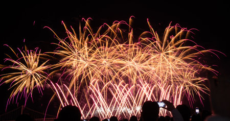 Brilliant fireworks burst above a crowd during a dazzling nighttime celebration near a bridge in...