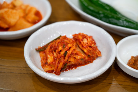 Close-up of Korean kimchi served in a plate, traditional Korean gourmet side dish.の写真素材