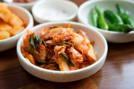 Close-up of Korean kimchi served in a plate, traditional Korean gourmet side dish.の写真素材