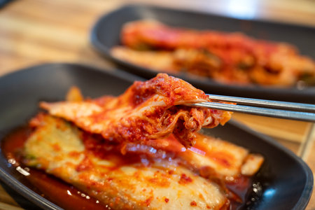 Close-up of Korean kimchi served in a plate, traditional Korean side dish.の写真素材