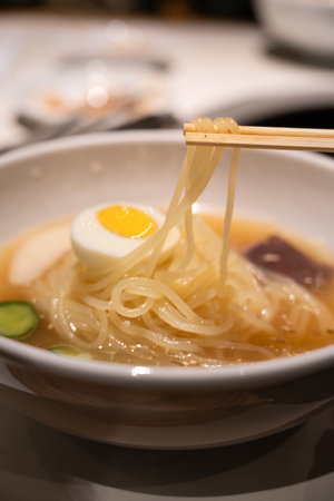 Refreshing Korean cold noodles served in chilled broth with sliced vegetables and boiled egg.