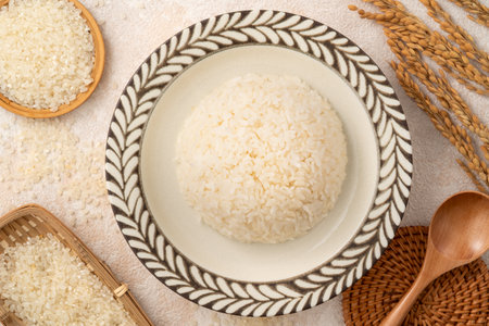 A bowl of fluffy white rice topped with rice seasonings.の写真素材